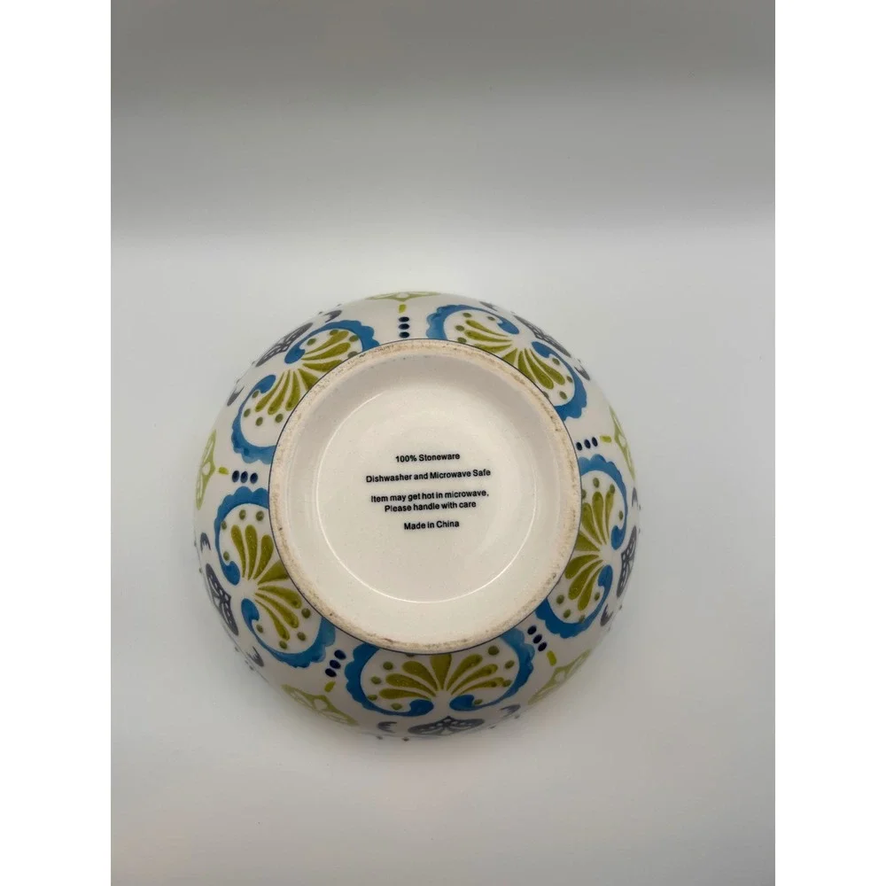 Bohemian Stoneware Footed Bowl Blue Lime Green Floral Damask 6 Inch